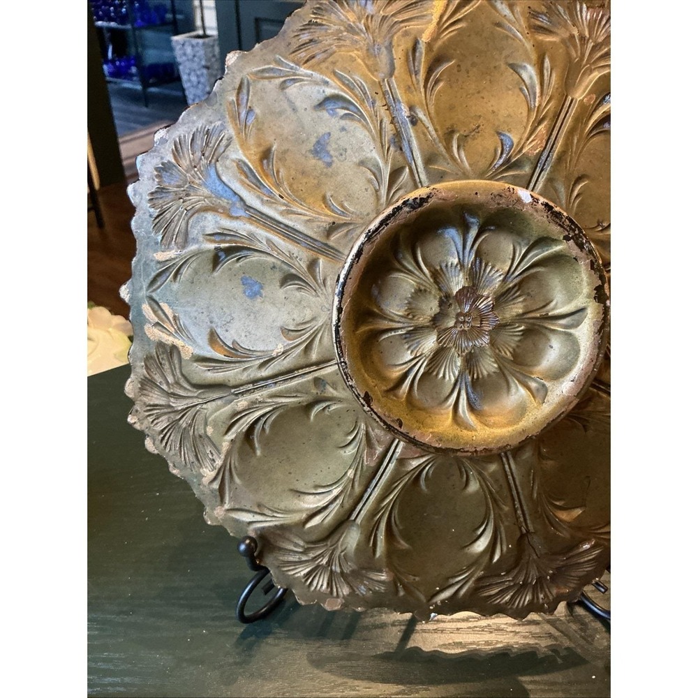 10.5" Antique Goofus Glass Sawtooth Edge Plate Red Gold Roses - Picture 9 of 14